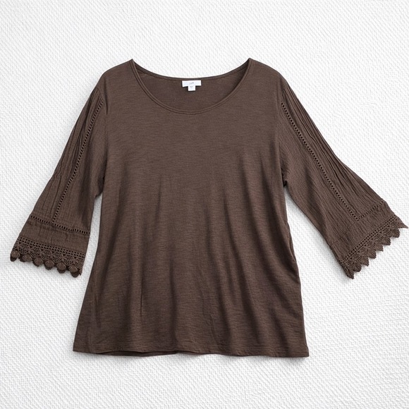 J. Jill Tops - J. Jill Brown Lace Trim 3/4 Sleeve Pleated Knit Top Womens Size Large L